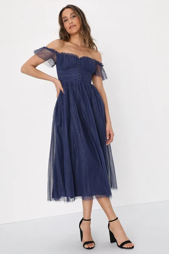 Regal Radiance Navy Blue Tulle Bustier Midi Dress sold by Lulus product image thumbnail 2