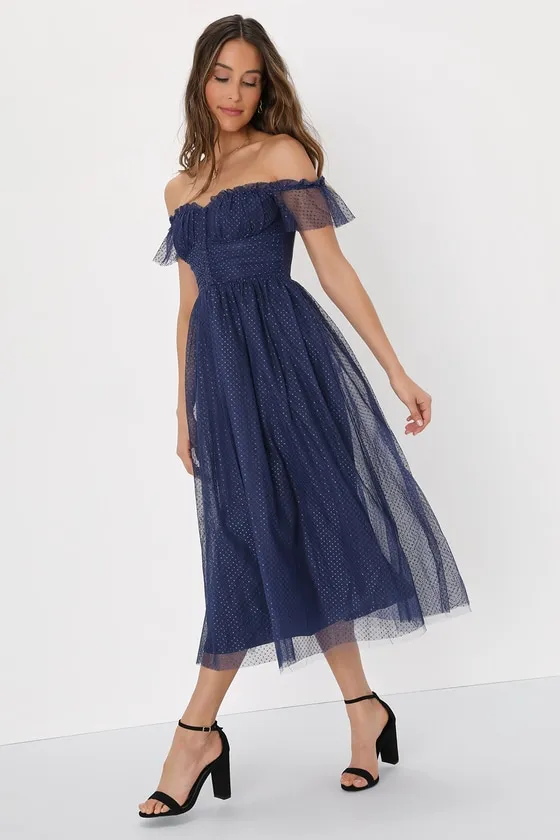 Regal Radiance Navy Blue Tulle Bustier Midi Dress sold by Lulus product image thumbnail 3
