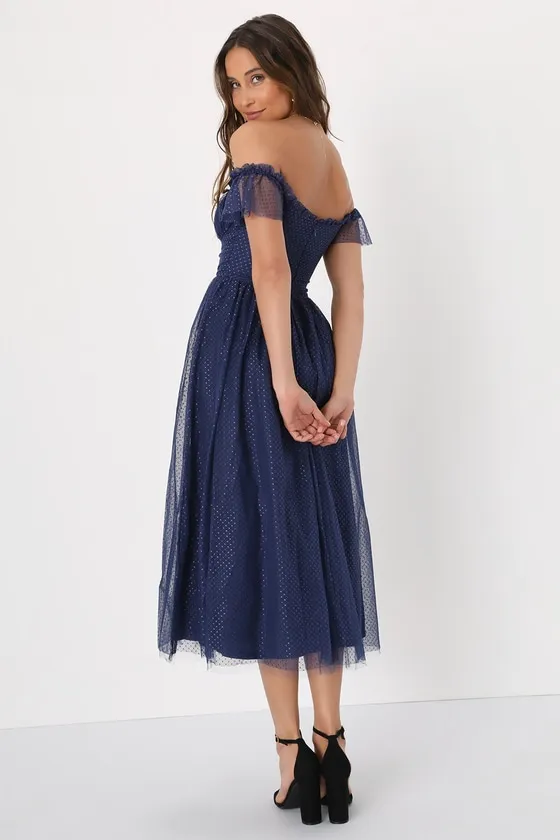 Regal Radiance Navy Blue Tulle Bustier Midi Dress sold by Lulus product image thumbnail 4