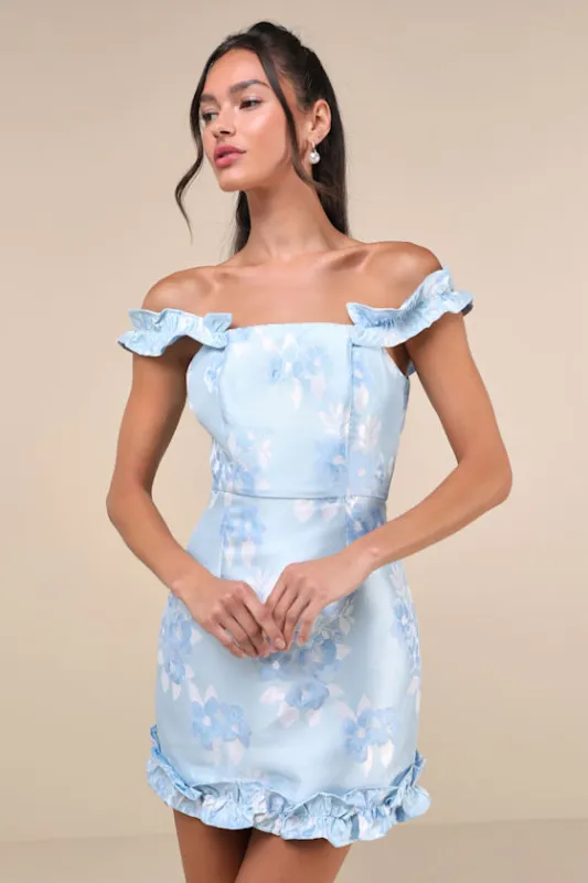 Pop the Bottle Light Blue Floral Jacquard Ruffled Mini Dress sold by Lulus
