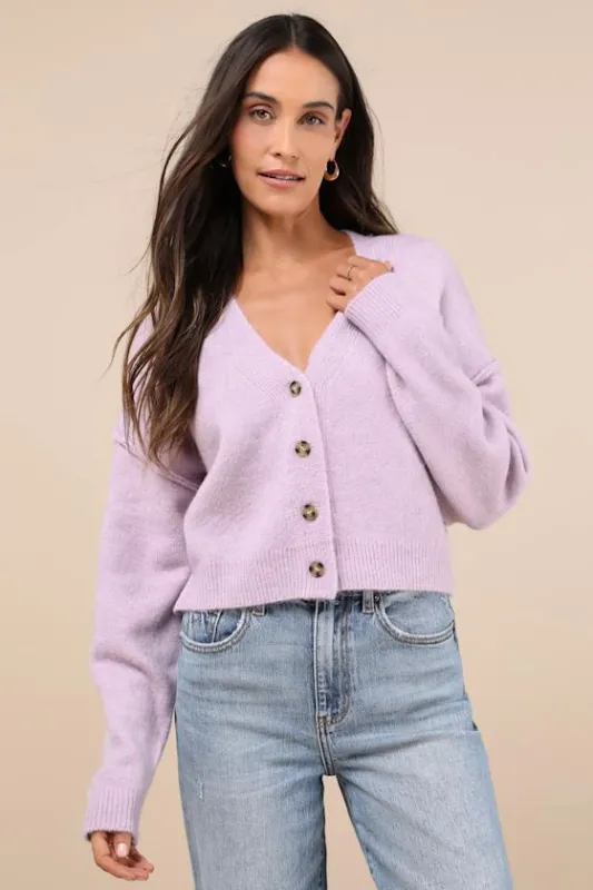 Cozy Ease Lilac Button-Up Cropped Cardigan Sweater sold by Lulus