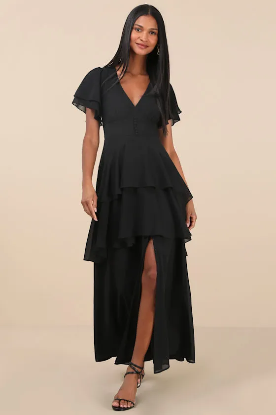 Midnight Mood Black Tiered Maxi Dress sold by Lulus