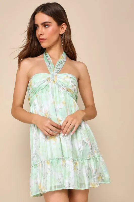 Radiantly Sweet Light Green and White Floral Halter Mini Dress sold by Lulus