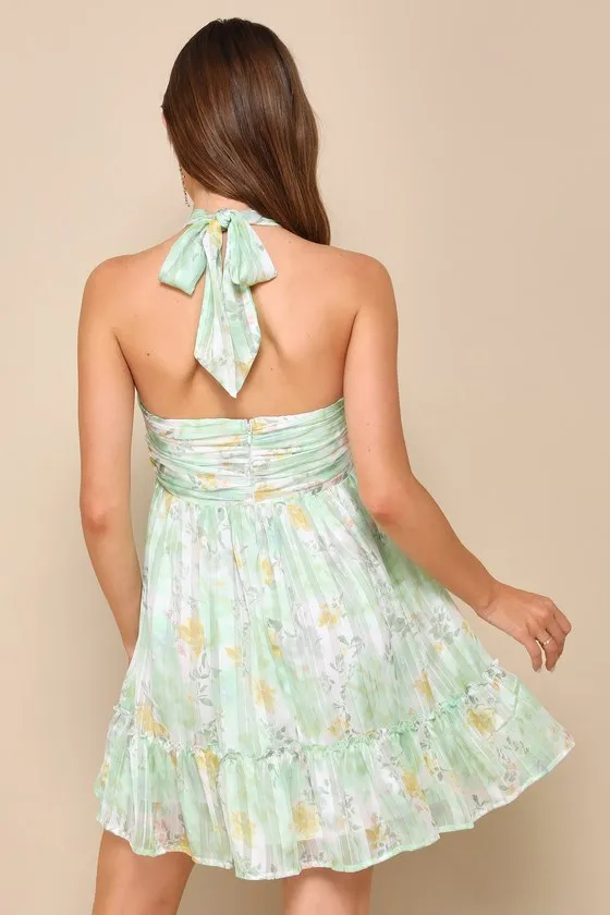 Radiantly Sweet Light Green and White Floral Halter Mini Dress sold by Lulus product image thumbnail 2