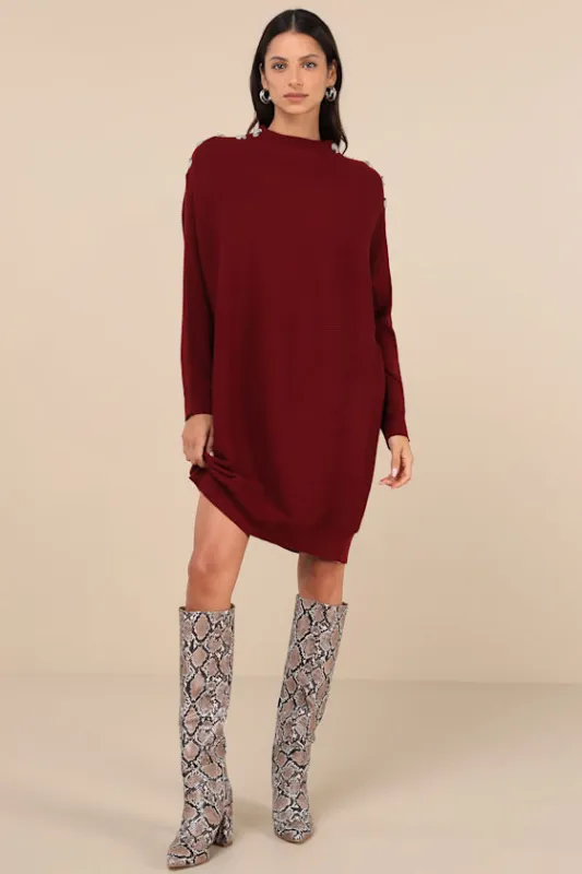 Cozy Stroll Wine Red Mock Neck Button Mini Sweater Dress sold by Lulus