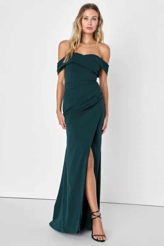 High-Class Presence Emerald Green Off-the-Shoulder Maxi Dress sold by Lulus