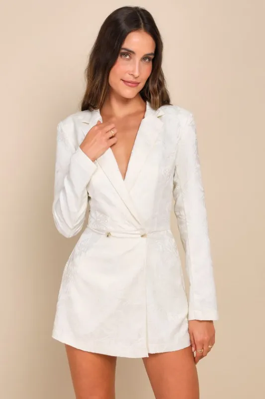 Confident Sophistication Ivory Jacquard Collared Blazer Romper sold by Lulus