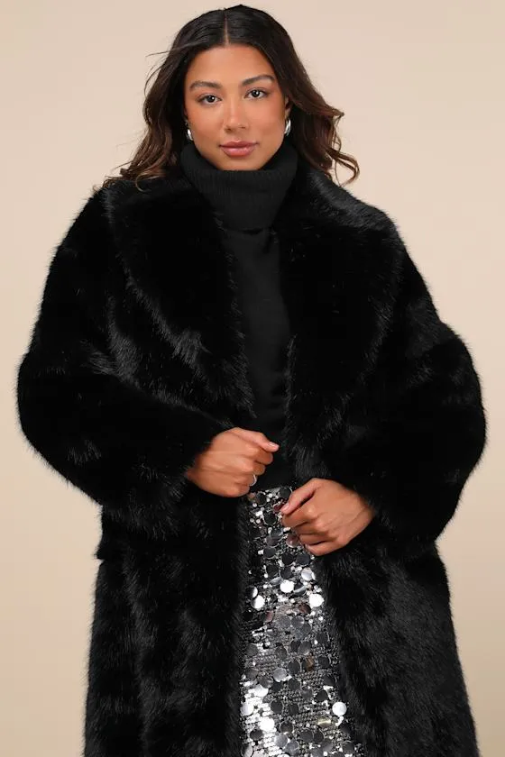 Avid Trendsetter Black Faux Fur Longline Coat sold by Lulus