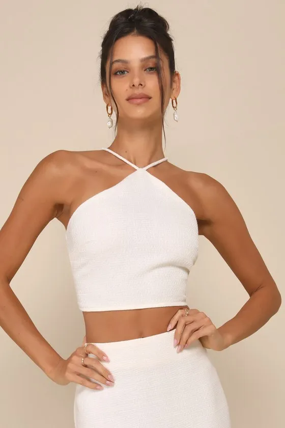 Sweetly Elite Ivory Tweed Sleeveless Halter Crop Top sold by Lulus
