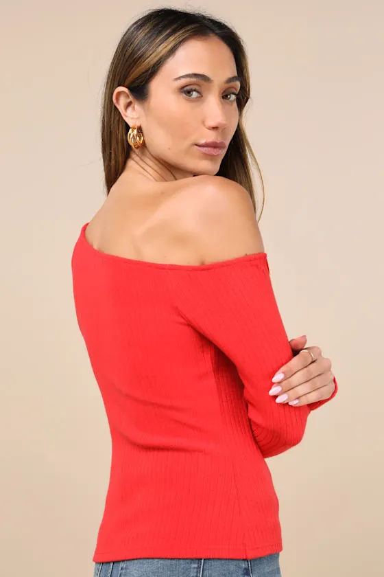 Popular Babe Red Ribbed Knit Asymmetrical Long Sleeve Top sold by Lulus product image thumbnail 2