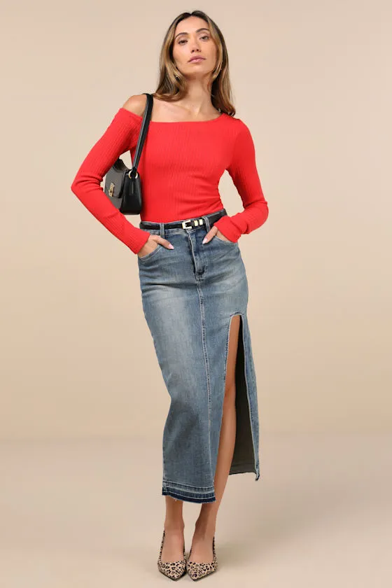 Popular Babe Red Ribbed Knit Asymmetrical Long Sleeve Top sold by Lulus product image thumbnail 3