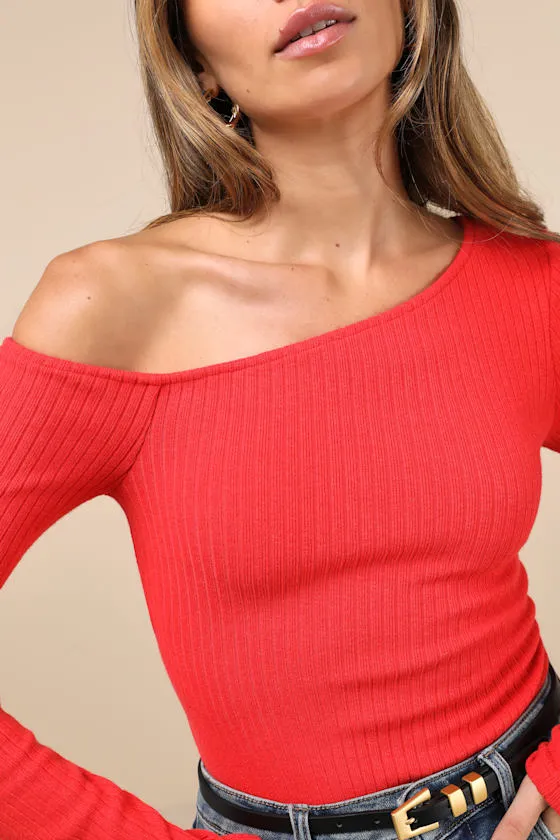 Popular Babe Red Ribbed Knit Asymmetrical Long Sleeve Top sold by Lulus product image thumbnail 4