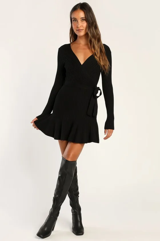 Warm Emotions Black Skater Mini Sweater Dress sold by Lulus