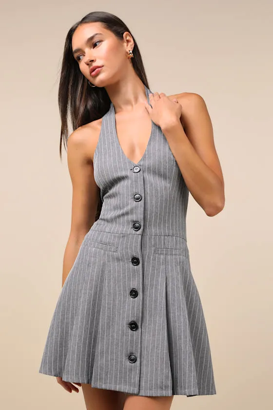 Posh Attraction Grey Pinstriped Button-Front Halter Mini Dress sold by Lulus