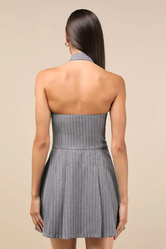Posh Attraction Grey Pinstriped Button-Front Halter Mini Dress sold by Lulus product image thumbnail 2
