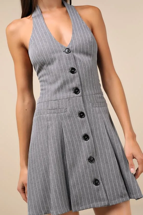 Posh Attraction Grey Pinstriped Button-Front Halter Mini Dress sold by Lulus product image thumbnail 4