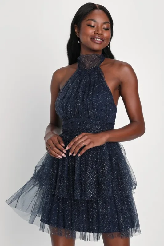 Sweet Magic Navy Blue Glitter Tiered Tulle Halter Mini Dress sold by Lulus