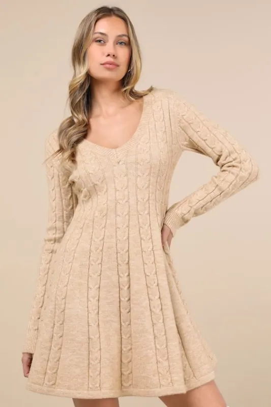 Sweetly Seasonal Beige Cable Knit Sweater Mini Dress sold by Lulus