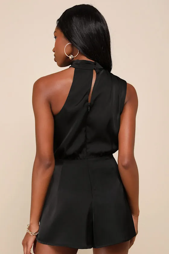 Advantageous Perfection Black Satin Asymmetrical Romper sold by Lulus product image thumbnail 2