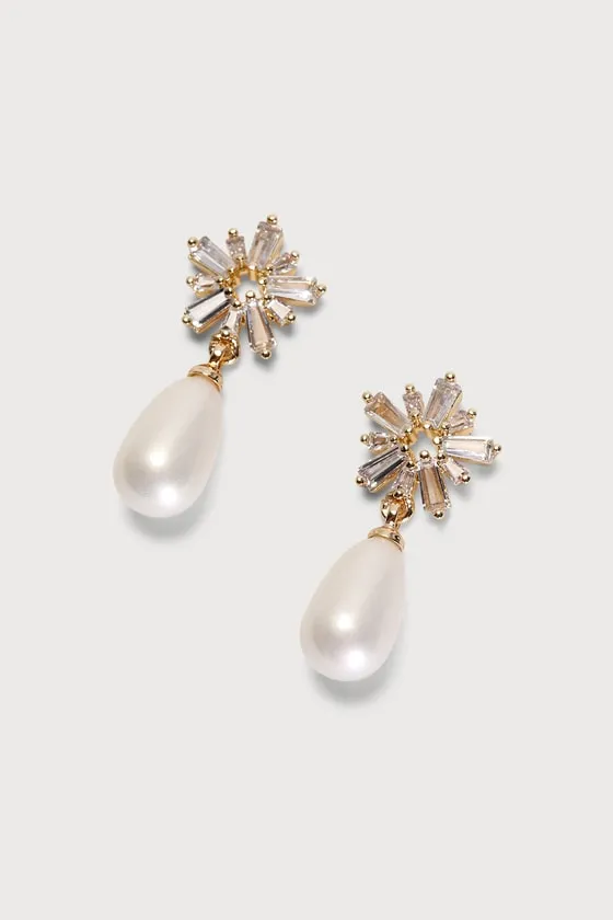 Pearl-fectly Pretty Gold Rhinestone Pearl Drop Earrings sold by Lulus