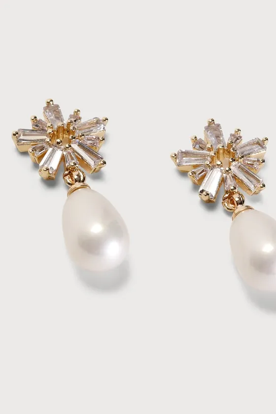 Pearl-fectly Pretty Gold Rhinestone Pearl Drop Earrings sold by Lulus product image thumbnail 2