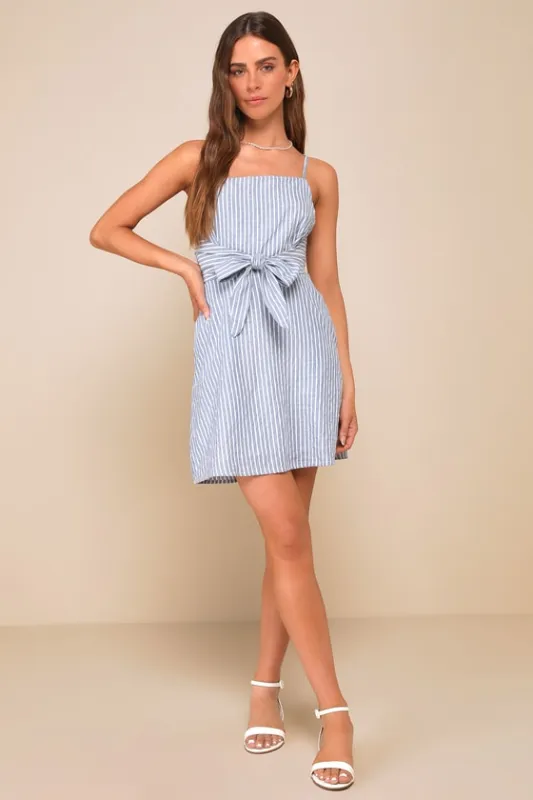 St. Tropez Trip Blue and White Striped Tie-Front Mini Dress sold by Lulus