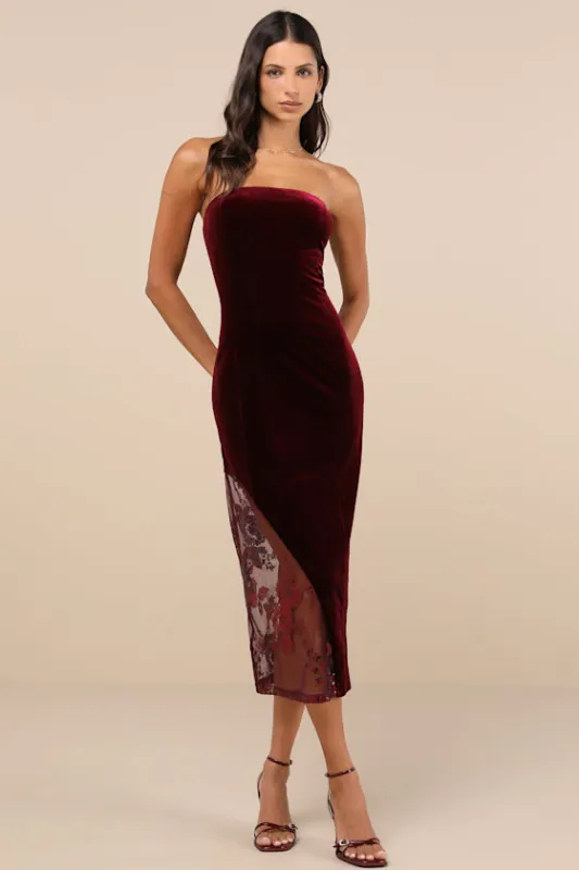 Feeling So Luxe Burgundy Velvet Mesh Sequin Strapless Midi Dress sold by Lulus