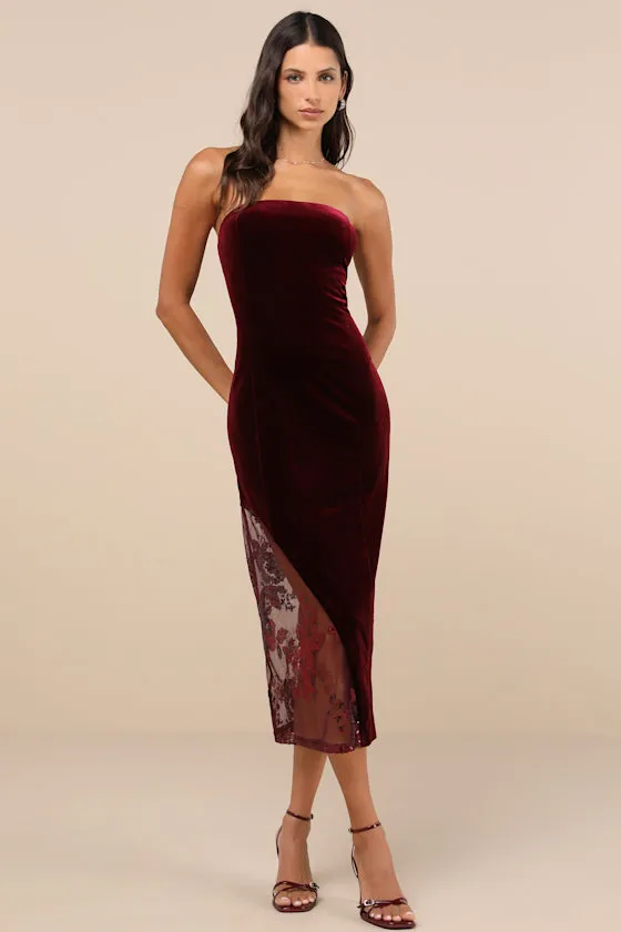 Feeling So Luxe Burgundy Velvet Mesh Sequin Strapless Midi Dress sold by Lulus