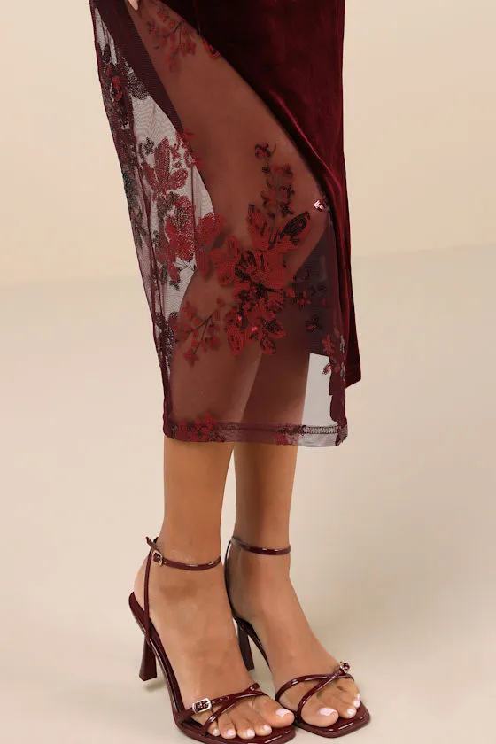 Feeling So Luxe Burgundy Velvet Mesh Sequin Strapless Midi Dress sold by Lulus product image thumbnail 4