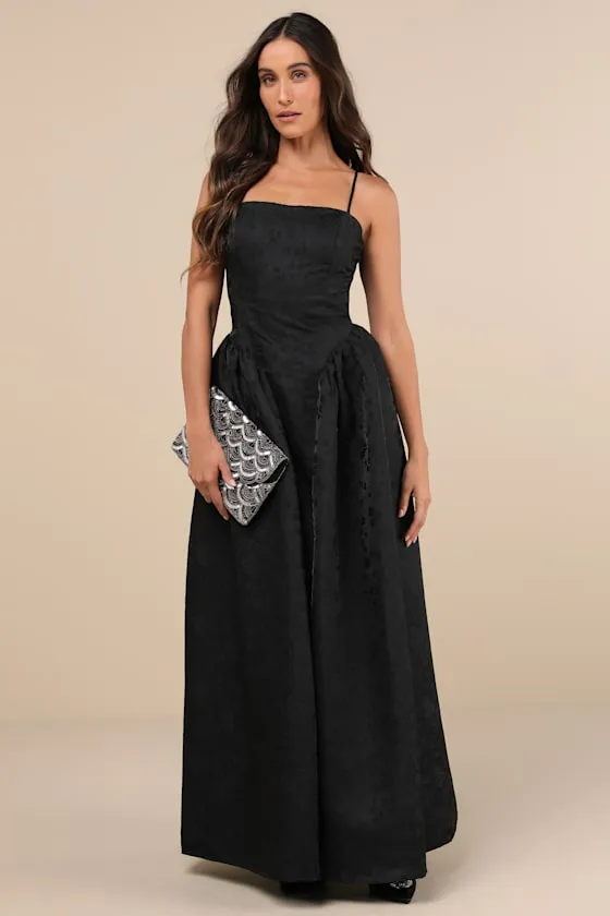 Gorgeous Extravagance Black Floral Jacquard Maxi Dress sold by Lulus