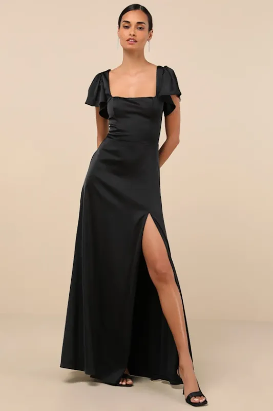 Ultimate Sweetness Black Satin Flutter Sleeve Maxi Dress sold by Lulus