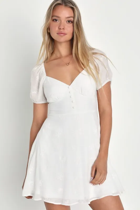 Cutest Essence White Embroidered Puff Sleeve Skater Mini Dress sold by Lulus