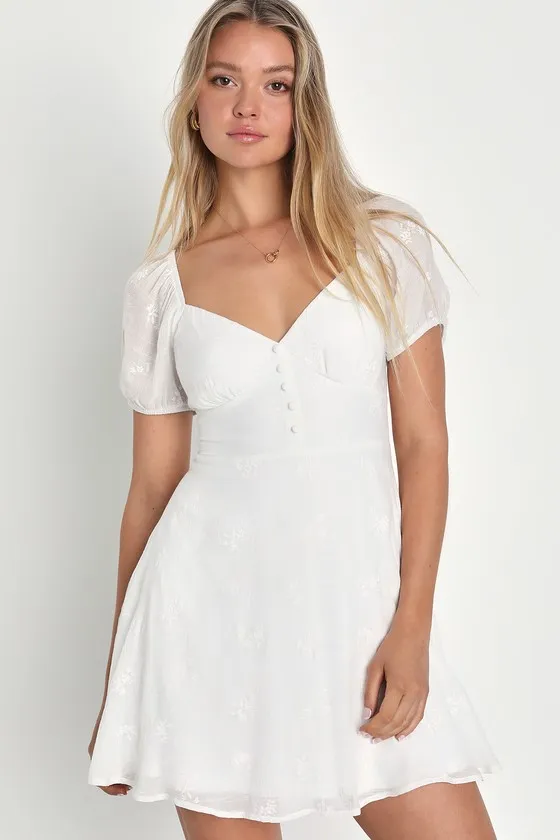 Cutest Essence White Embroidered Puff Sleeve Skater Mini Dress sold by Lulus