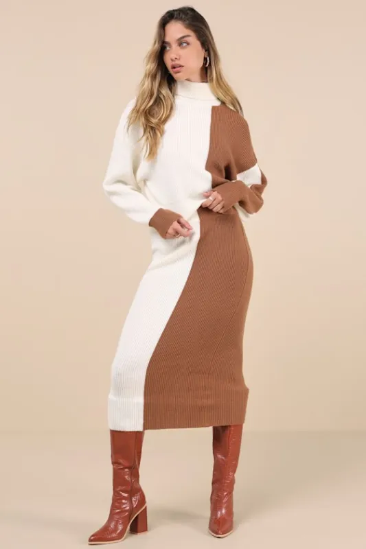 Cozy Sophisticate Ivory and Tan Two-Piece Sweater Midi Dress sold by Lulus
