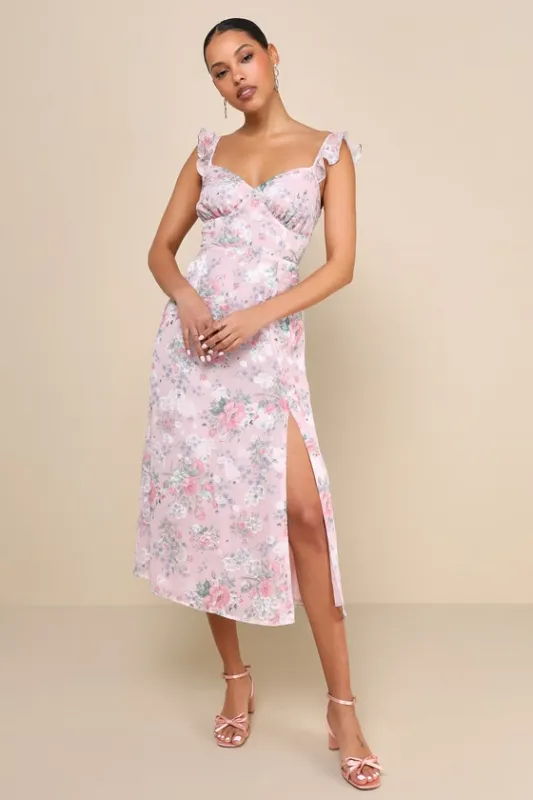 Delightful Direction Blush Floral Ruffled Tie-Strap Midi Dress sold by Lulus
