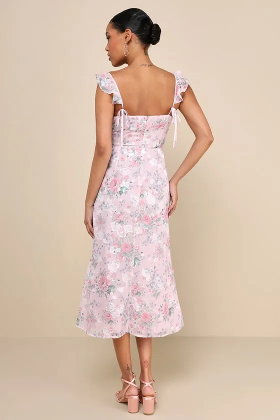 Delightful Direction Blush Floral Ruffled Tie-Strap Midi Dress sold by Lulus product image thumbnail 3