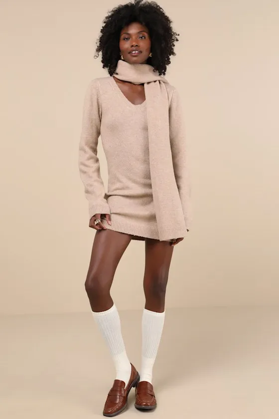Essential Coziness Heather Beige Sweater Dress and Scarf Set sold by Lulus