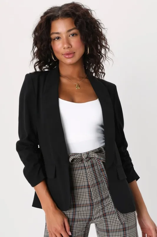 Established Excellence Black Ruched Blazer sold by Lulus