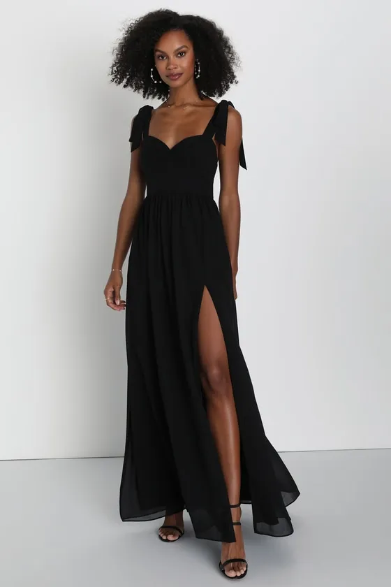Radiant Charisma Black Chiffon Ruched Tie-Strap Maxi Dress sold by Lulus