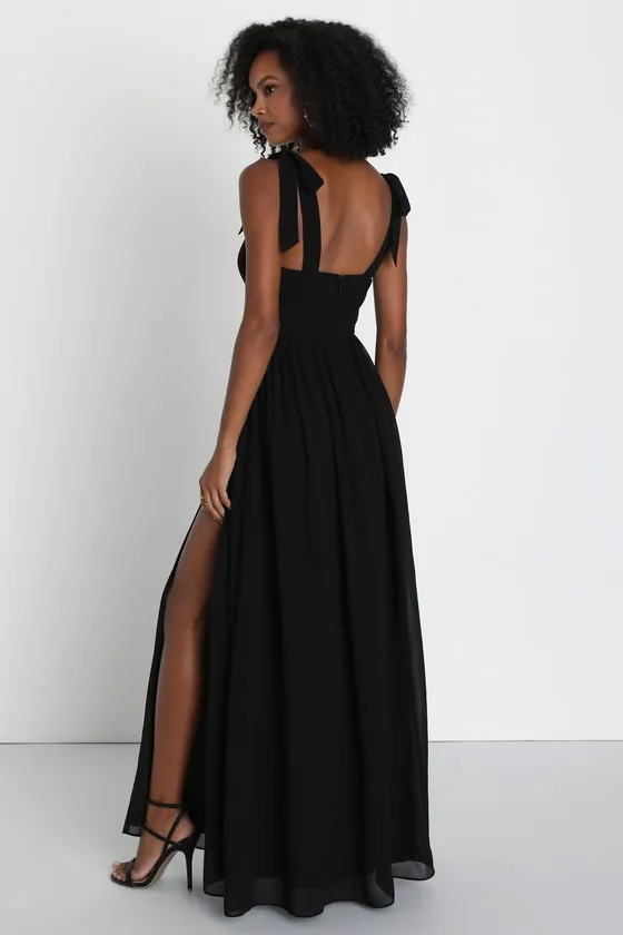 Radiant Charisma Black Chiffon Ruched Tie-Strap Maxi Dress sold by Lulus product image thumbnail 2
