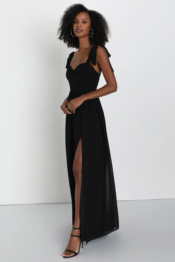 Radiant Charisma Black Chiffon Ruched Tie-Strap Maxi Dress sold by Lulus product image thumbnail 4