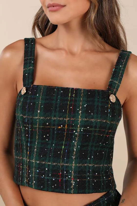 Adorably Posh Dark Green Multi Plaid Tweed Crop Top sold by Lulus product image thumbnail 4