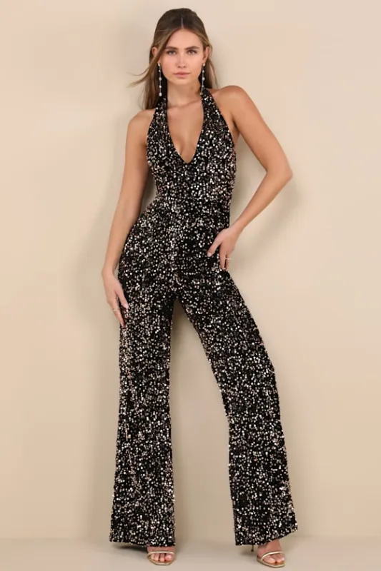 Mesmerizing Diva Black Sequin Wide-Leg Halter Jumpsuit sold by Lulus