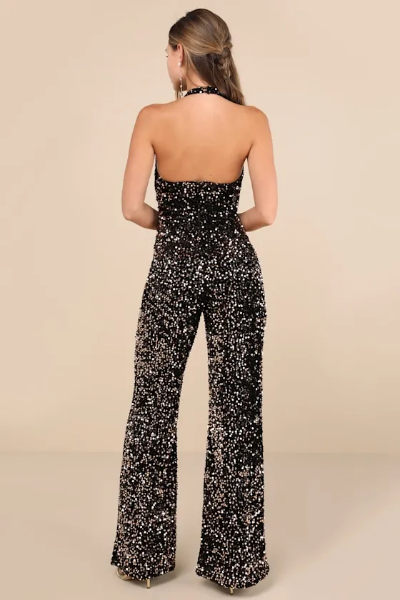 Mesmerizing Diva Black Sequin Wide-Leg Halter Jumpsuit sold by Lulus product image thumbnail 3