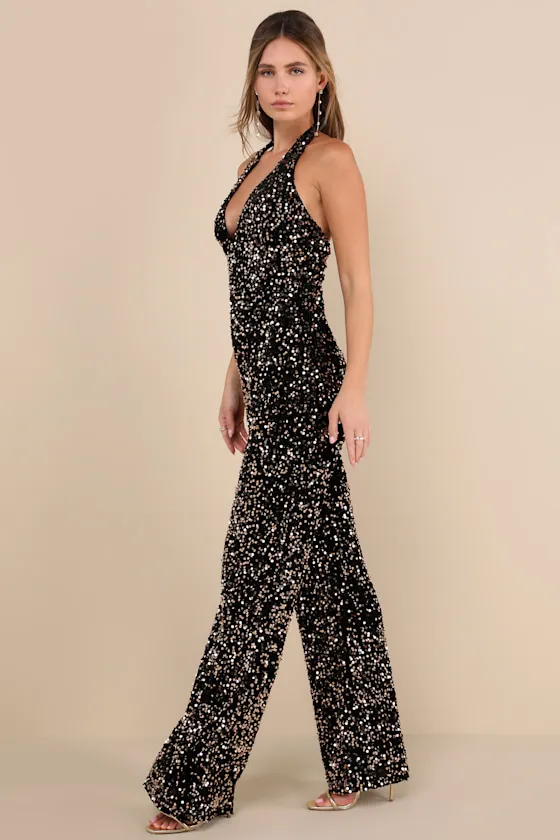 Mesmerizing Diva Black Sequin Wide-Leg Halter Jumpsuit sold by Lulus product image thumbnail 4