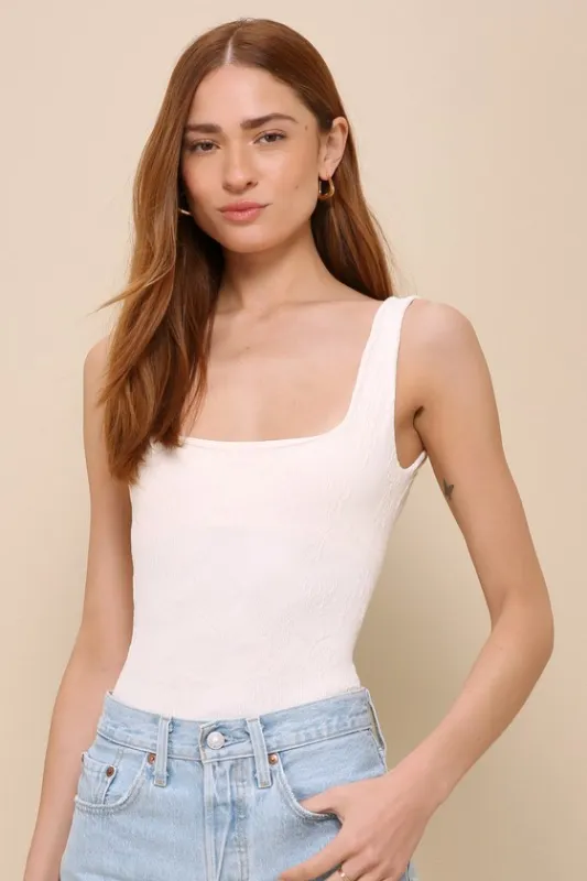 Send Love Ivory Floral Jacquard Sleeveless Bodysuit sold by Lulus