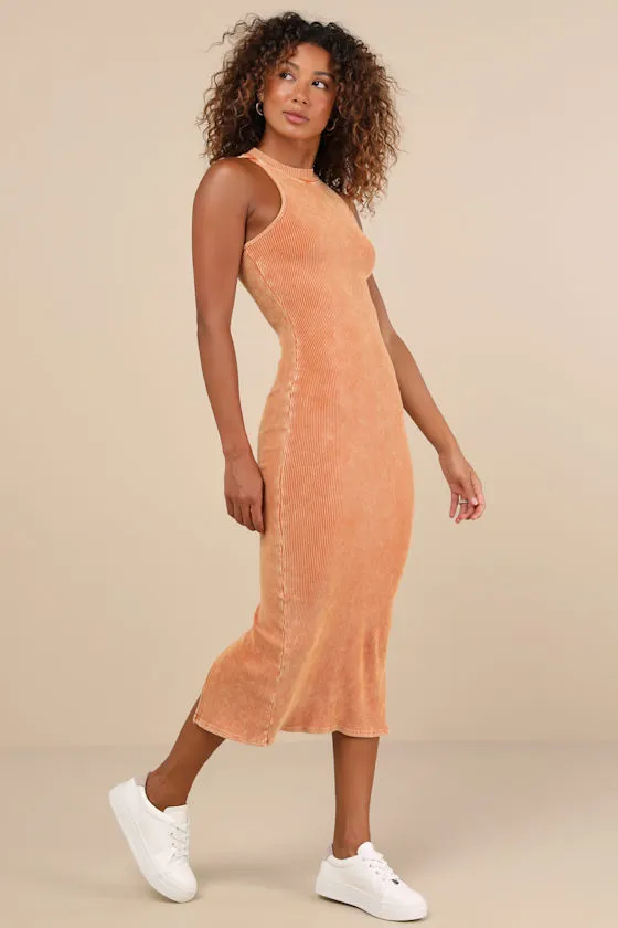 Essentially Sweet Washed Orange Ribbed Sleeveless Midi Dress sold by Lulus product image thumbnail 4