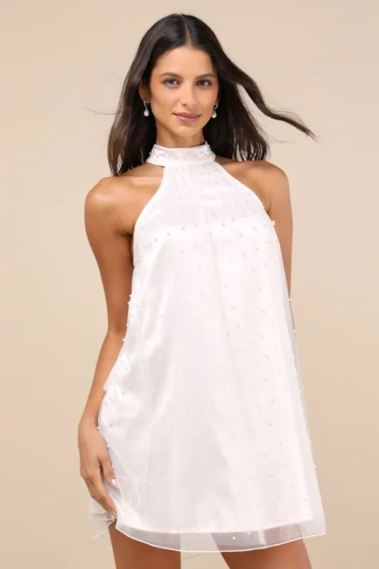 Timeless Glow Blush Mesh Pearl Mock Neck Shift Mini Dress sold by Lulus