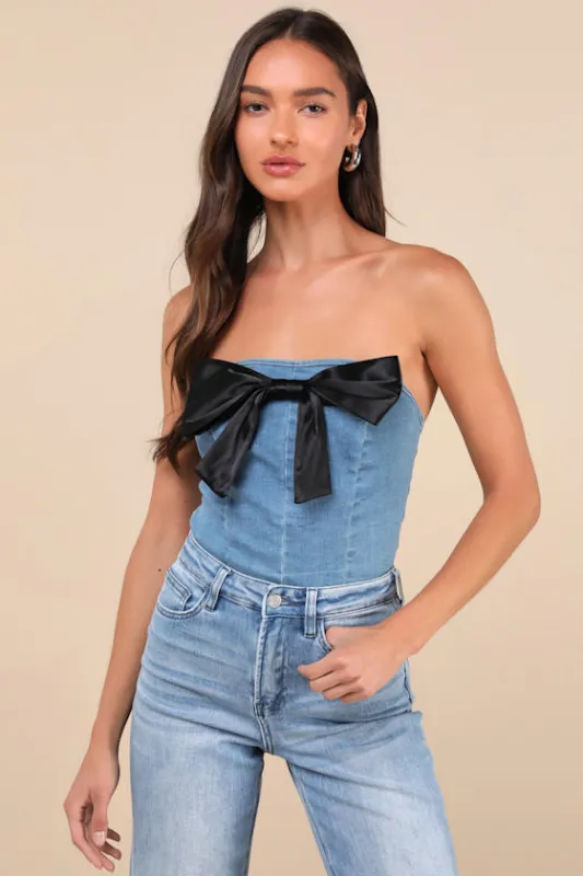 Flirty Admiration Light Wash Denim Bow Strapless Crop Top sold by Lulus