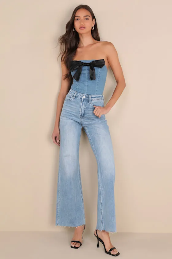 Flirty Admiration Light Wash Denim Bow Strapless Crop Top sold by Lulus product image thumbnail 3